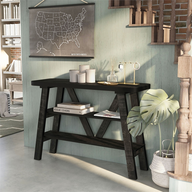 Bowery Hill 2-Shelf Farmhouse Wood Console Table in Reclaimed Black Oak