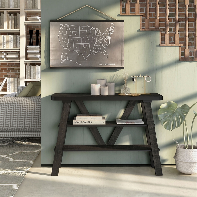 Bowery Hill 2-Shelf Farmhouse Wood Console Table in Reclaimed Black Oak
