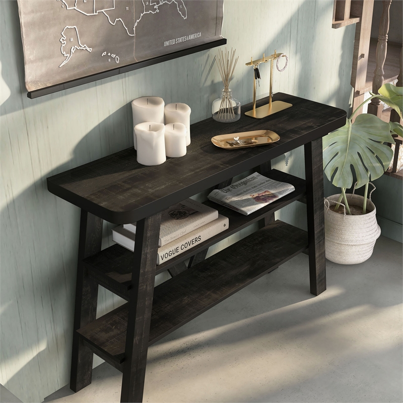Bowery Hill 2-Shelf Farmhouse Wood Console Table in Reclaimed Black Oak