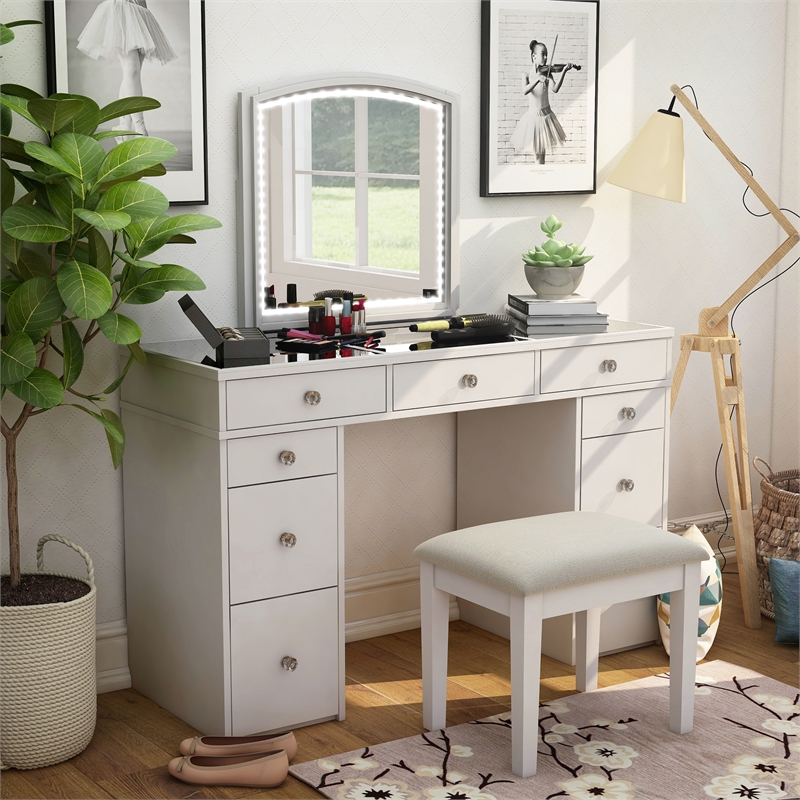 Bowery Hill Modern Solid Wood 3-Piece Vanity Set in White Finish