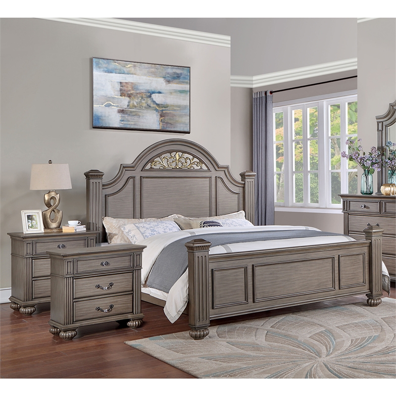 Bowery Hill 3pc Solid Wood Panel Bedroom Set - Cal King + 2 Nightstands in Gray