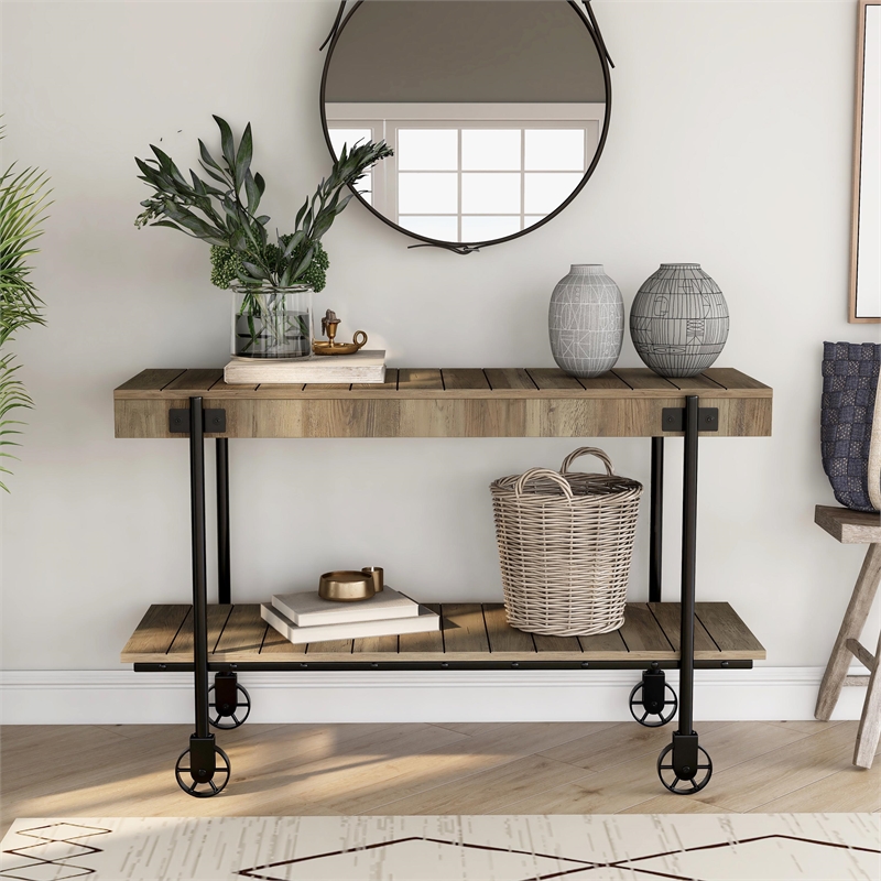 Bowery Hill Oak Console Table with Metal Black Wheels Finish