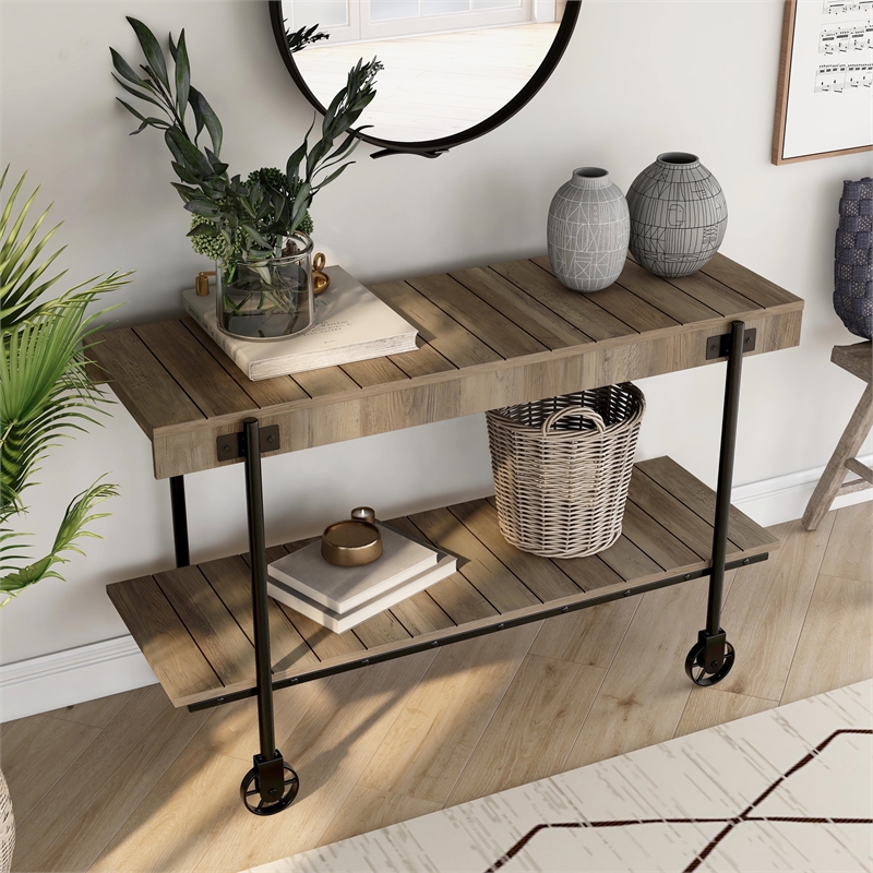 Bowery Hill Oak Console Table with Metal Black Wheels Finish