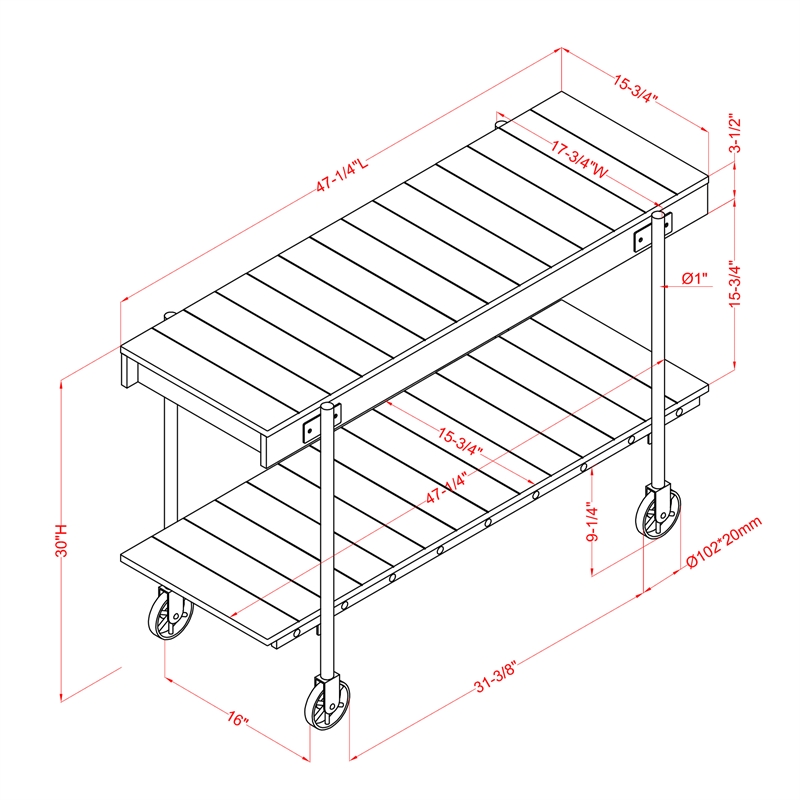 Bowery Hill Oak Console Table with Metal Black Wheels Finish