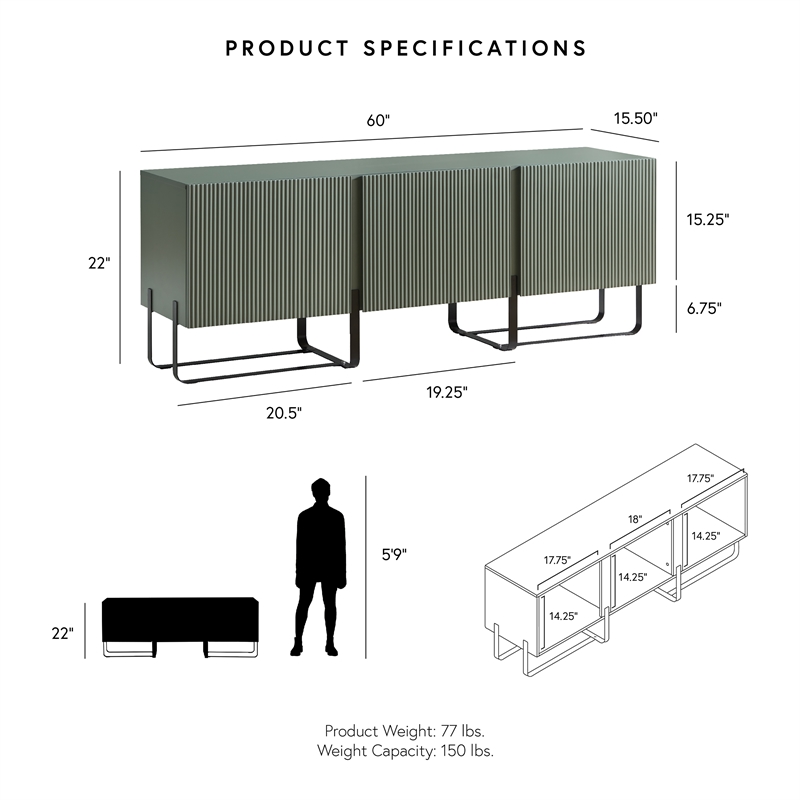 Bowery Hill Modern Wood 3-Cabinet TV Stand in Sage Green Finish