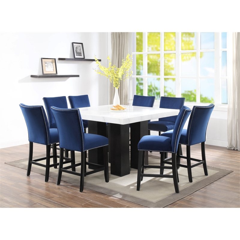 Bowery Hill Modern White Finish Marble Square Counter Height Table
