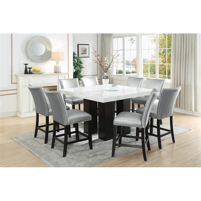 Bowery Hill Modern White Finish Marble Square Counter Height Table