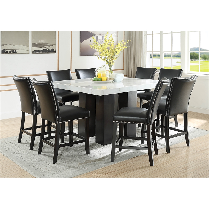 Bowery Hill Modern White Finish Marble Square Counter Height Table