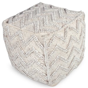 Bowery Hill Transitional Square Zigzag Handwoven Ivory Wool Pouf