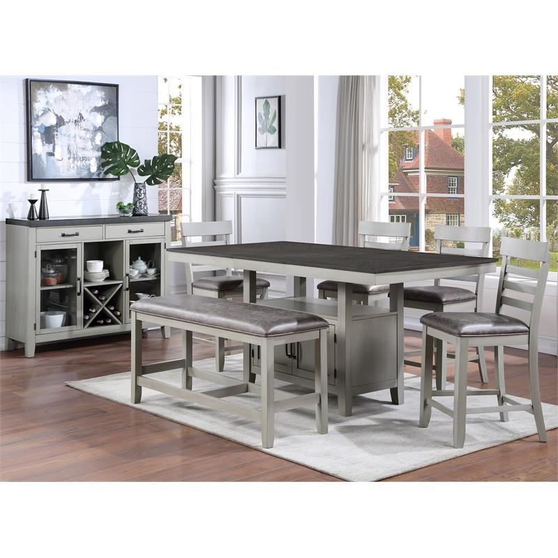 Bowery Hill Wood Stone Gray and Charcoal Counter Table Rectangular Chevron Patterned Veneer 80