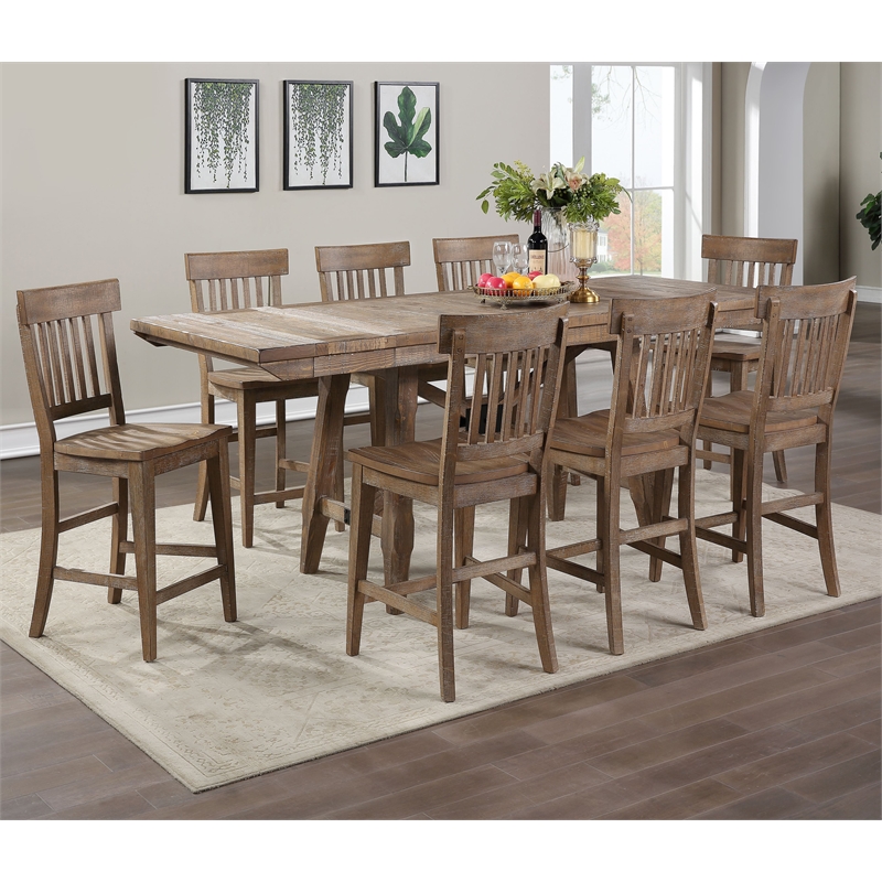Bowery Hill Light Brown Distressed Wood Counter Height 9-Piece Dining Set