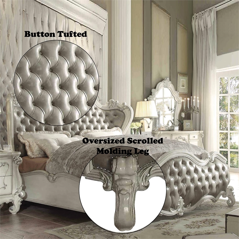 Bowery Hill Traditional Tufted King Panel Bed in Vintage Gray and Bone White