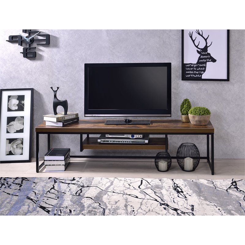 Bowery Hill Rectangular Wooden TV Stand with Shelf in Weathered Oak and Black