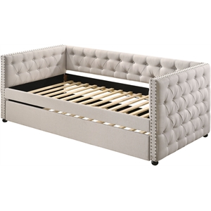Bowery Hill Button Tufted Fabric Upholstered Twin Daybed and Trundle in Beige