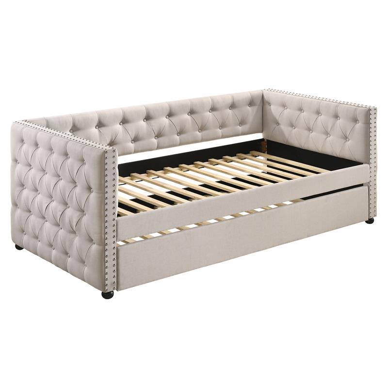 Bowery Hill Button Tufted Fabric Upholstered Twin Daybed and Trundle in Beige