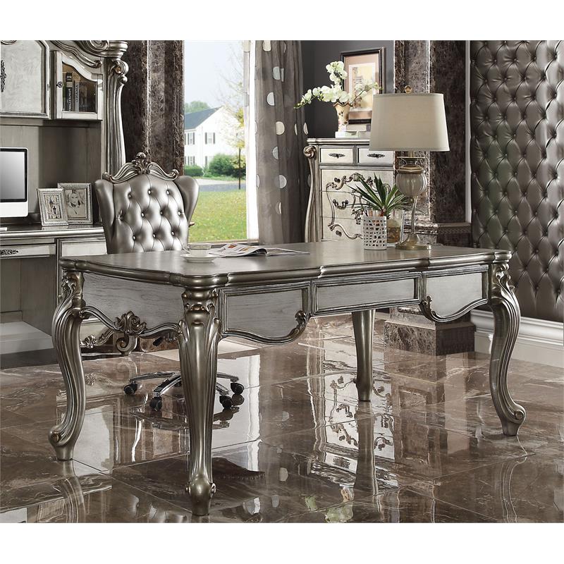 Bowery Hill Aspen Wood Platinum Silver Executive Writing Desk Rectangular 72