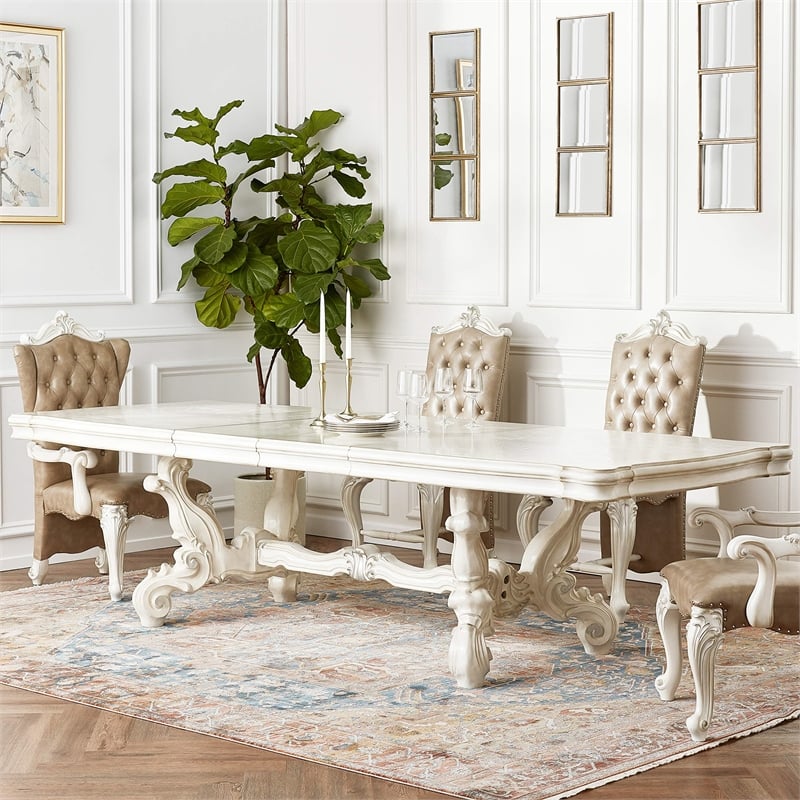 Bowery Hill Rectangular Wooden Dining Table with 2 Leaves in Bone White