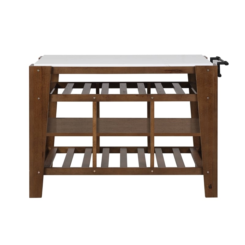 Bowery Hill 3-Shelf Wooden Kitchen Island in Marble and Rustic Brown