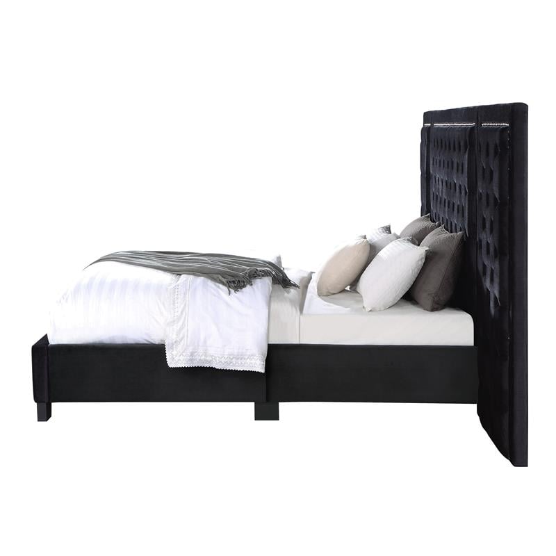 Bowery Hill Contemporary Eastern Velvet King Bed in Black Finish