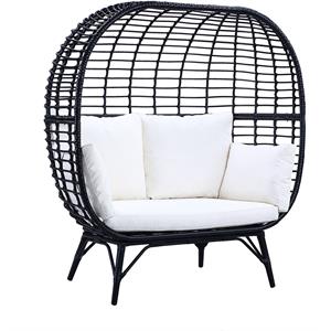 Bowery Hill Transitional Patio Lounge Chair in Cream Fabric & Black Finish
