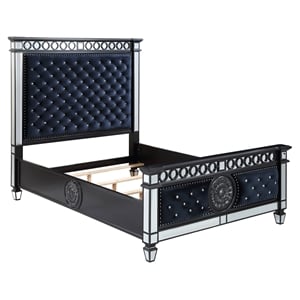 Bowery Hill Traditional Queen Bed in Dark Navy Velvet and Black and Silver