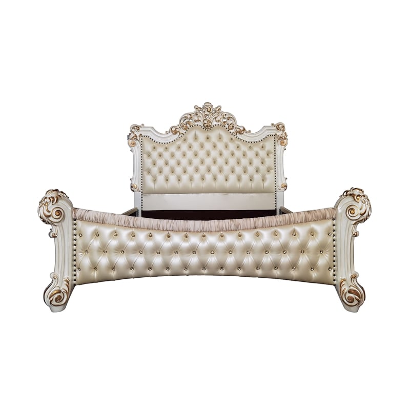 Bowery Hill Traditional Queen Bed in Beige PU & Antique Pearl Finish