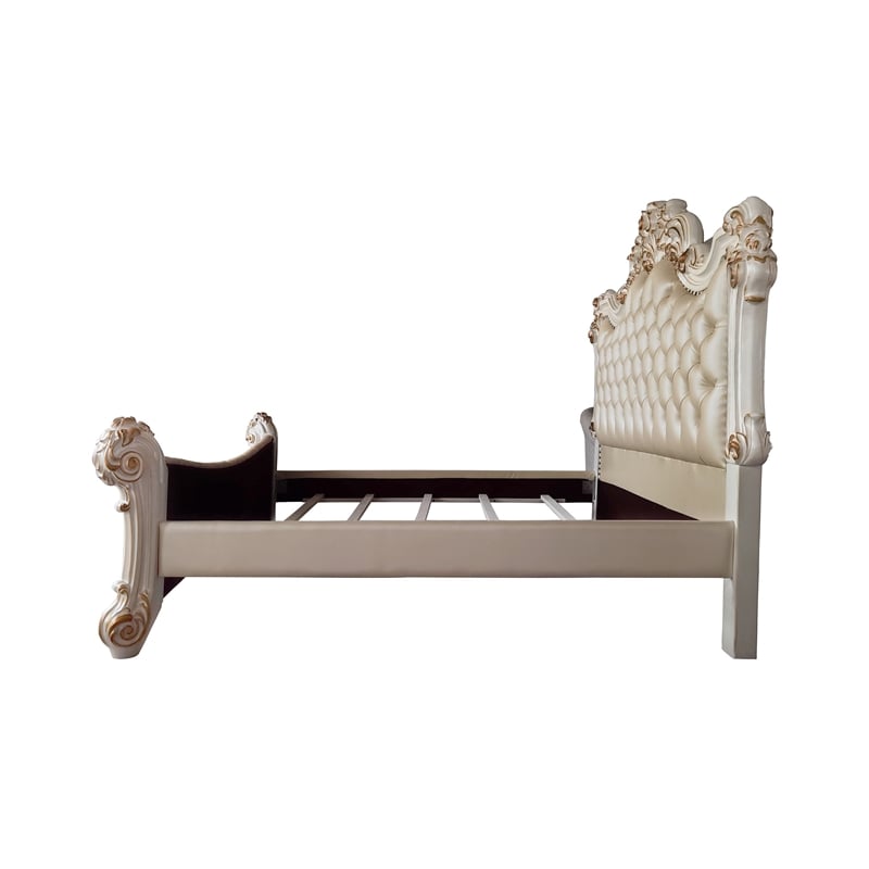 Bowery Hill Traditional Queen Bed in Beige PU & Antique Pearl Finish
