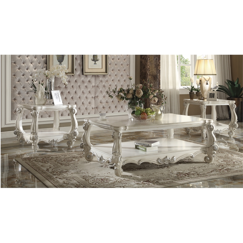Bowery Hill Rectangular Wood Coffee Table with Bottom Shelf in Bone White
