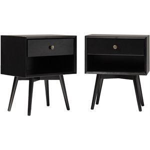 Bowery Hill 2-Piece 1-Drawer Mid-Century Solid Wood Bedroom Nightstand in Black