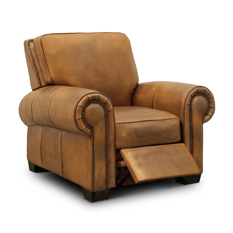 Bowery Hill Top Grain Hand Antiqued Leather Recliner in Tan Brown