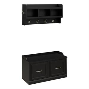 Bowery Hill 40&quot Engineered Wood Shoe Bench with Doors and Coat Rack in Black Oak