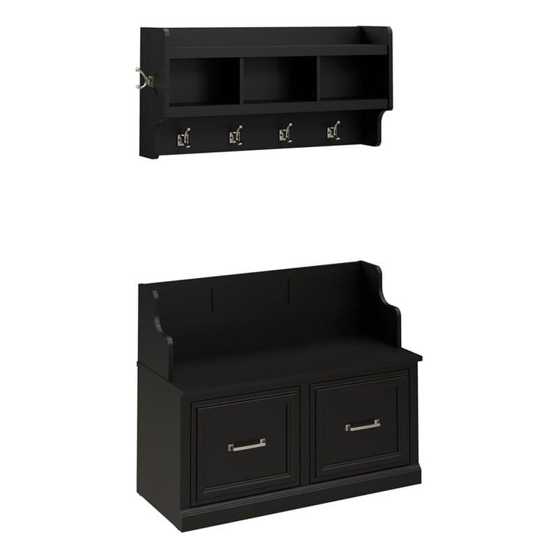 Bowery Hill Engineered Wood Entryway Bench w/ Doors and Wall Shelf in Black Oak