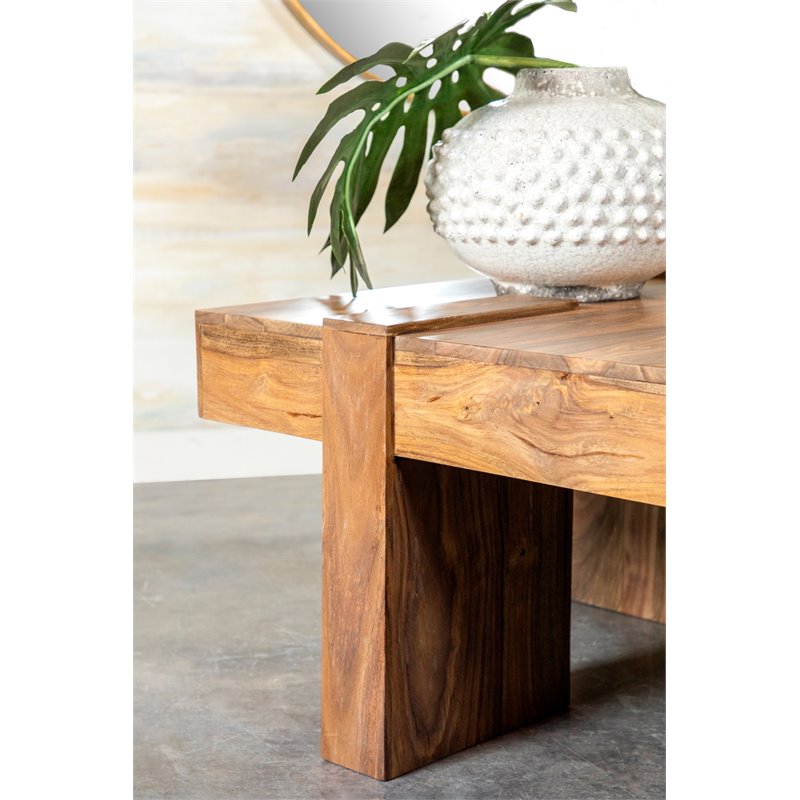 Bowery Hill Farmhouse Wood Coffee Table with Square Block Design in Natural