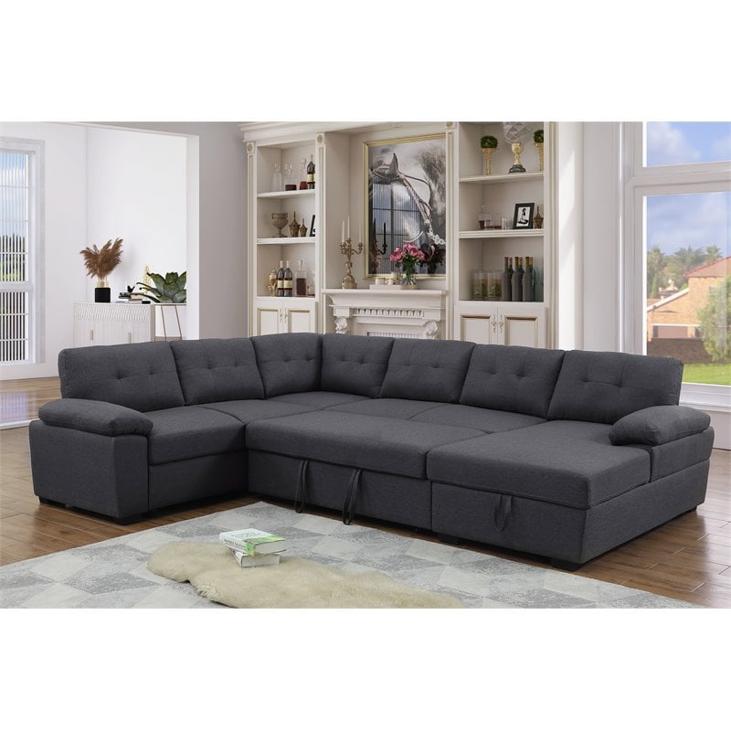 Bowery Hill 5-Seat Fabric Sleeper Sectional Sofa with Storage in Dark Gray
