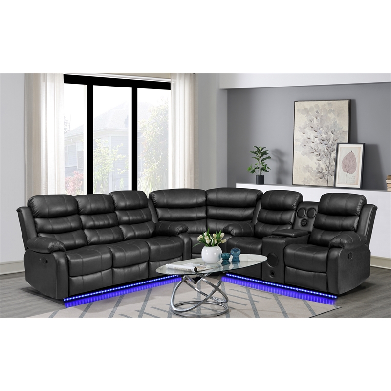 Bowery Hill Modern LED Faux Leather Reclining Sectional in Black