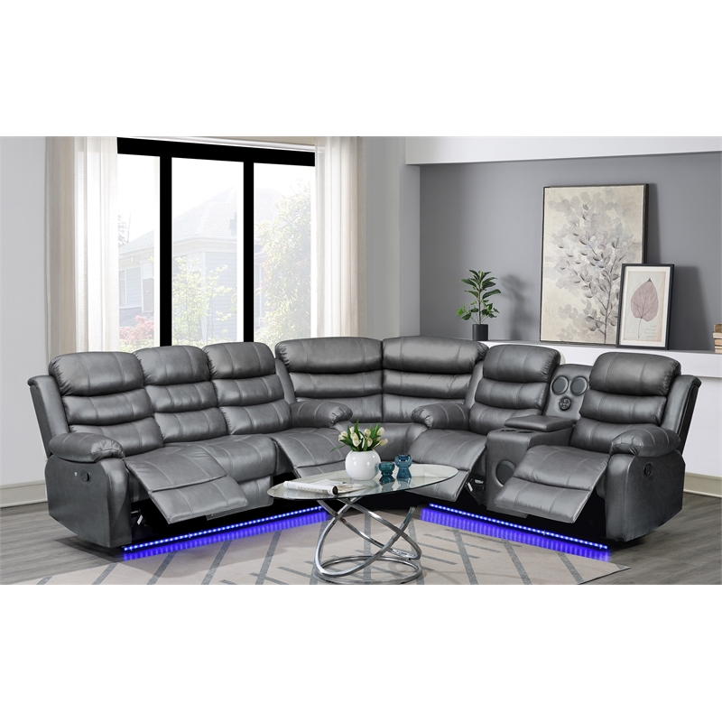 Bowery Hill Faux Leather Gray Sectional Rectangular LED Reclining 110