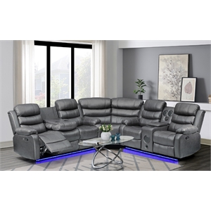 Bowery Hill Faux Leather Gray Sectional Rectangular LED Reclining 110&quot Unassembled