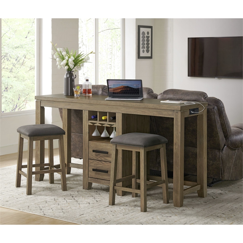 Bowery Hill Acacia Wood Brown Counter Height Dining Table Set Rectangular USB Ports Wine Racks 71