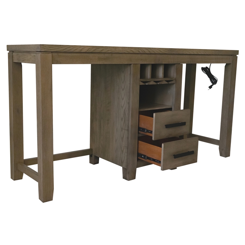 Bowery Hill Acacia Wood Brown Counter Height Dining Table Set Rectangular USB Ports Wine Racks 71