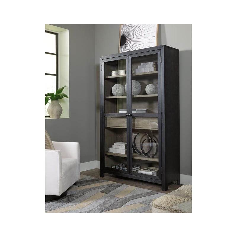 Bowery Hill Solid Wood Black/Warm Gray Accent Cabinet Rectangular Glass Panel Doors 76