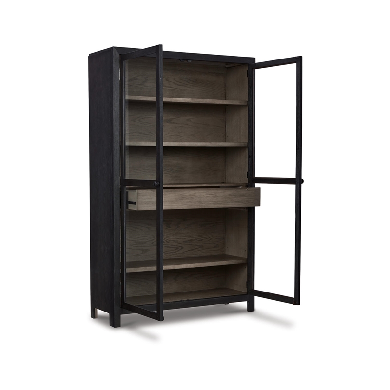 Bowery Hill Solid Wood Black/Warm Gray Accent Cabinet Rectangular Glass Panel Doors 76