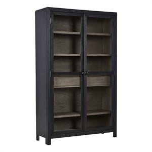 Bowery Hill Solid Wood Black/Warm Gray Accent Cabinet Rectangular Glass Panel Doors 76&quot