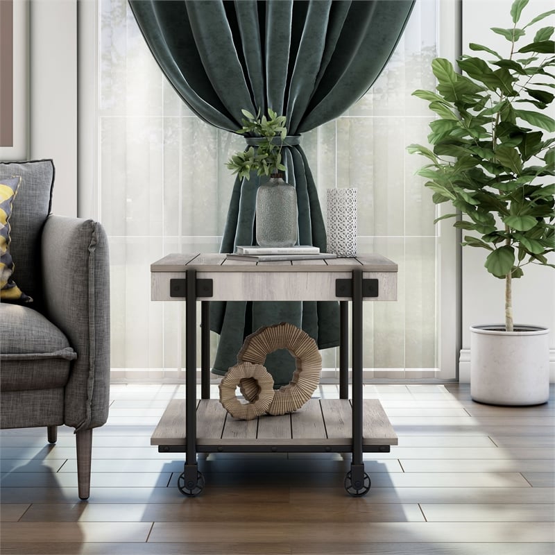 Bowery Hill Modern Wood Natural End Table with Metal Black Wheels