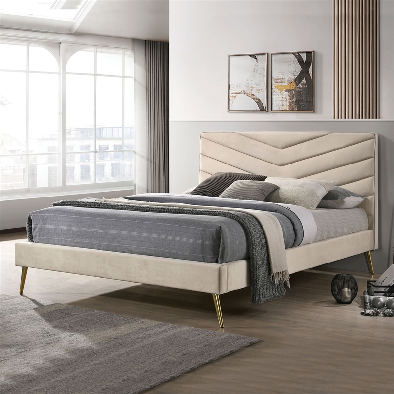 Bowery Hill Modern Fabric Upholstered Headboard Twin Bed in Beige