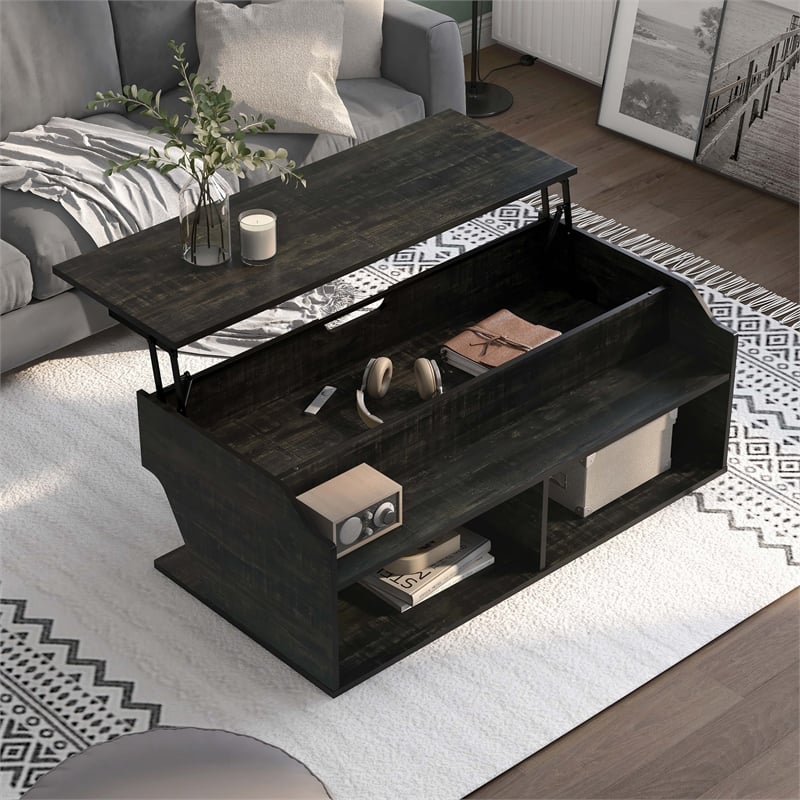 Bowery Hill Contemporary Wood Lift-Top Coffee Table in Black