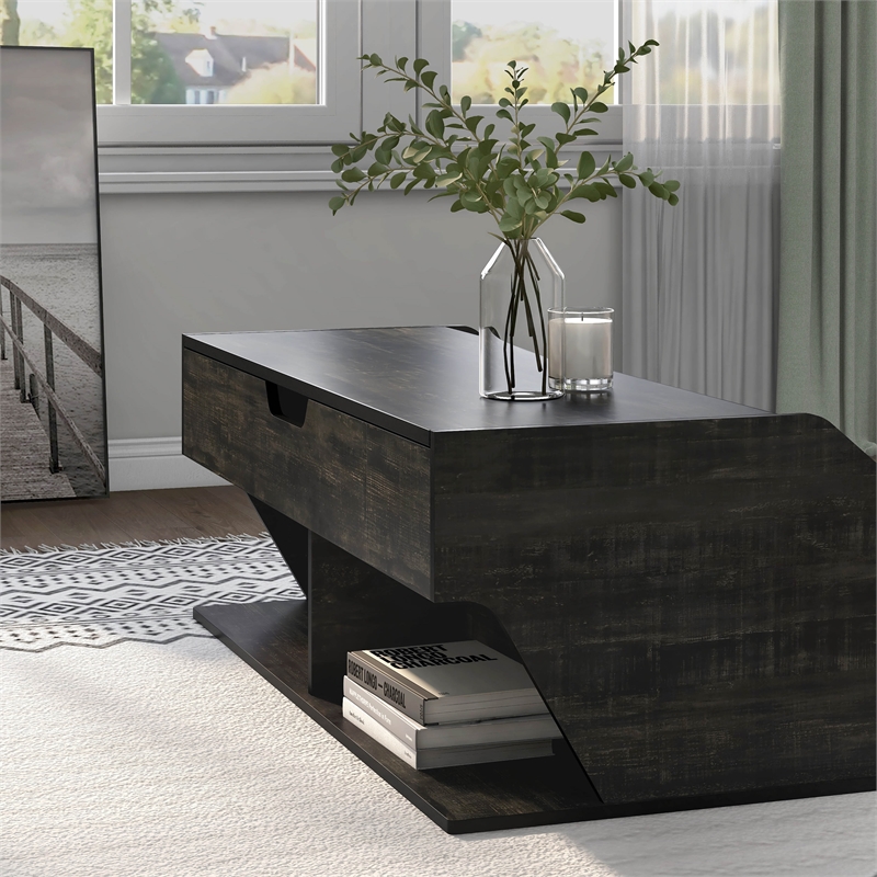 Bowery Hill Contemporary Wood Lift-Top Coffee Table in Black