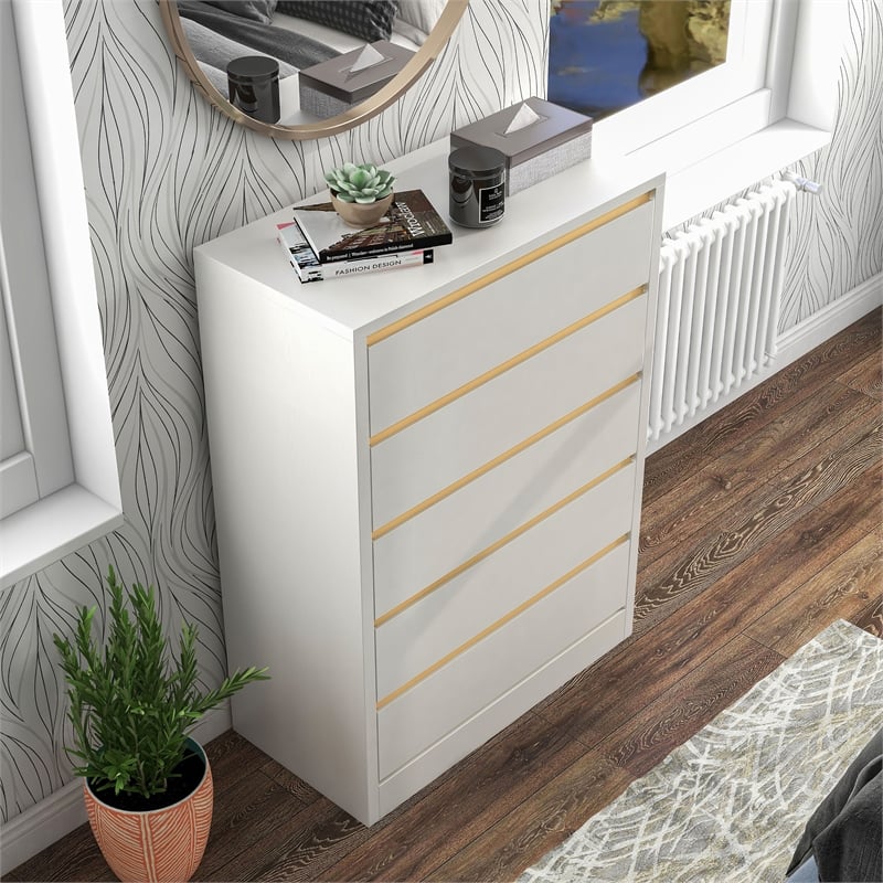 Bowery Hill Contemporary Modern Wood 5-Drawer Chest in White