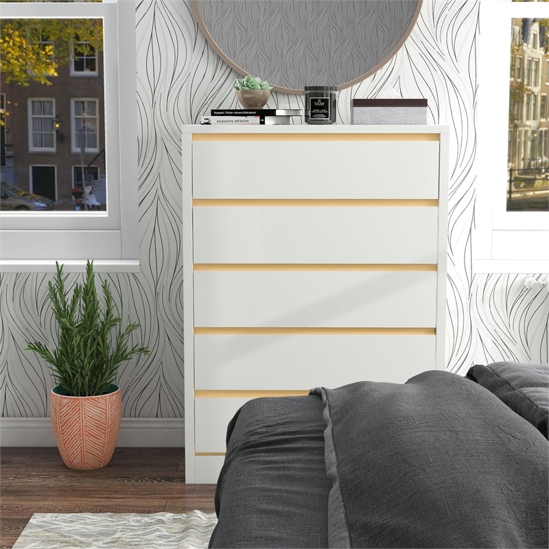Bowery Hill Contemporary Modern Wood 5-Drawer Chest in White