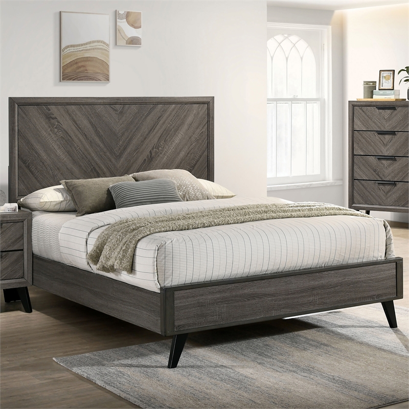 Bowery Hill Modern Chevron Pattern Wood Panel King Bed in Gray