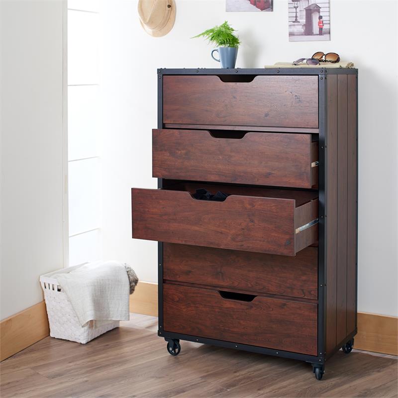 Bowery Hill Wood Vintage Walnut Chest Rectangular Caster Wheels 31.1